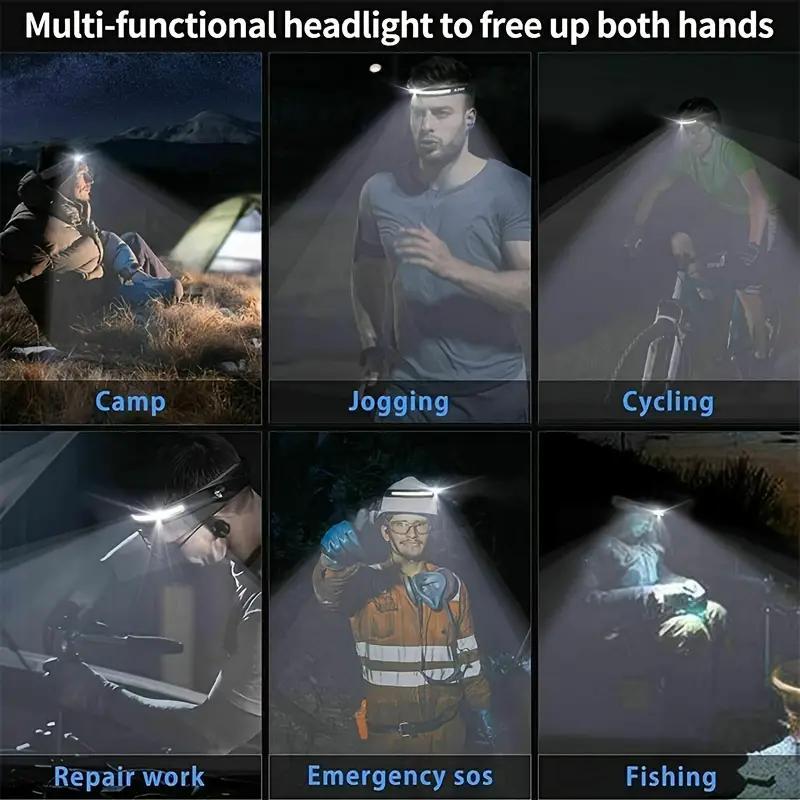 Rechargeable Headlamp with New 1200mAh Battery, 230° Wide-Angle LED and Motion Sensor, Ideal for Running, Fishing, Cycling, Camping, and Repairing